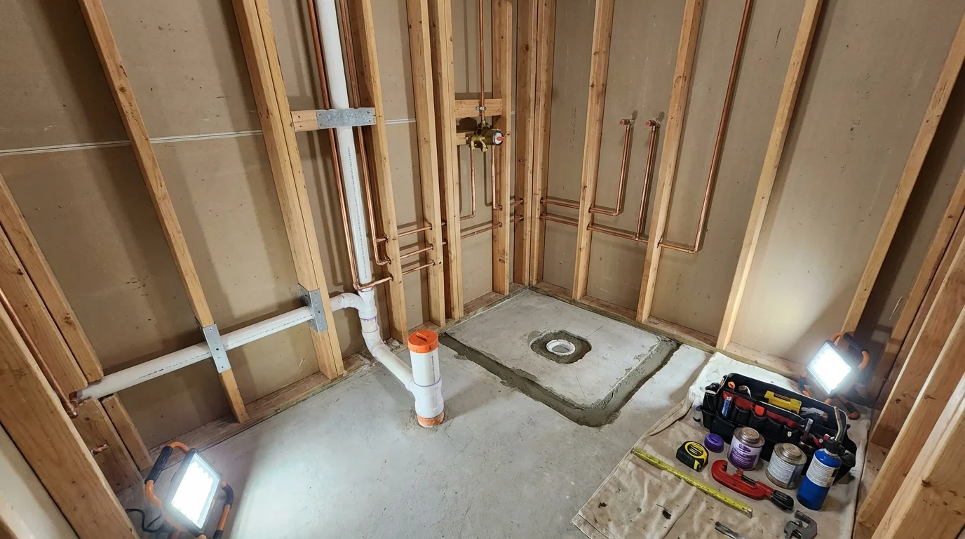 Bathroom rough-in plumbing during remodel by Johns Plumbing LLC in Mattapoisett