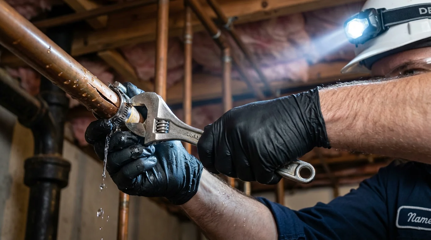 Emergency pipe clamp repair being performed by a Johns Plumbing LLC plumber in Mattapoisett