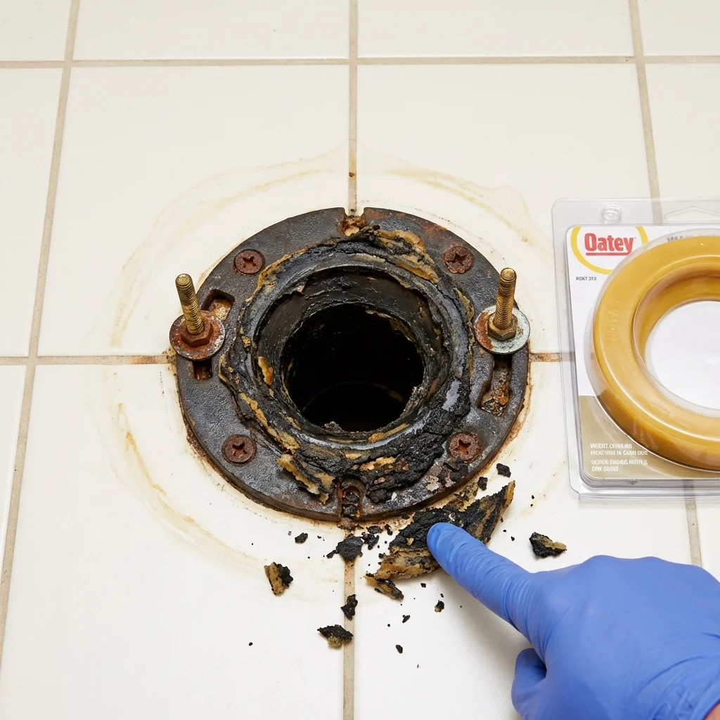 Failed wax ring showing water seepage at the base of a toilet in a Mattapoisett, MA home