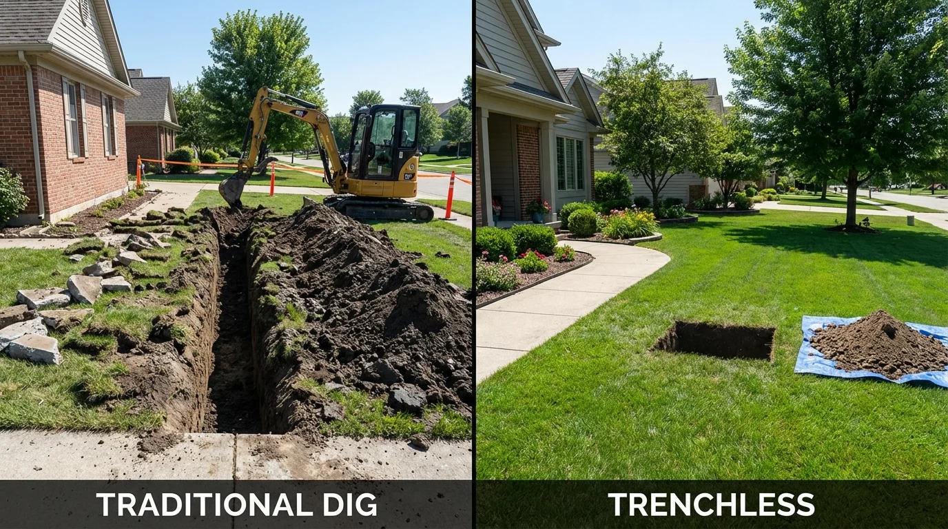 Trenchless sewer repair with minimal yard damage versus traditional excavation in Mattapoisett, MA