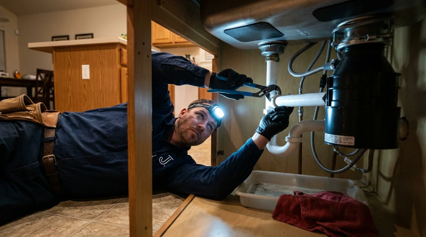 P-trap and supply line connections under a kitchen sink showing a common leak point in Mattapoisett, MA